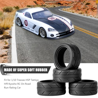 RC 1/10 On Road Tires 4Pcs Soft Rubber Tire Tyre Compatible with Traxxas 4 Tec 2.0 Tamiya TT01 XV01 Kyosho WR8 Sakura WLtoys HPI HSP 1:10 RC Scale Touring On Road Racing Car Wheel Rims