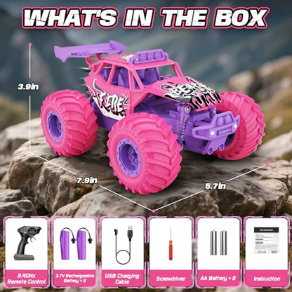 Remote Control Car, All Terrain RC Cars with Speed Switch RC Truck with LED Headlight and Rechargeable Batteries, 20KM/H Monster Truck Toys Gift for Girls Age 6-8 8-12, Pink - color: Pink