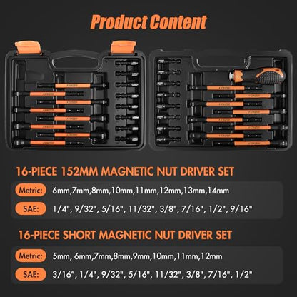 33PCS Magnetic Nut Driver Set with Long Handle | 6 Inch Long Nut Driver Set | SAE and Metric | 1/4 Inch Hex Shank | Cr-V Steel