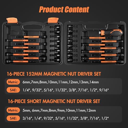 33PCS Magnetic Nut Driver Set with Long Handle | 6 Inch Long Nut Driver Set | SAE and Metric | 1/4 Inch Hex Shank | Cr-V Steel