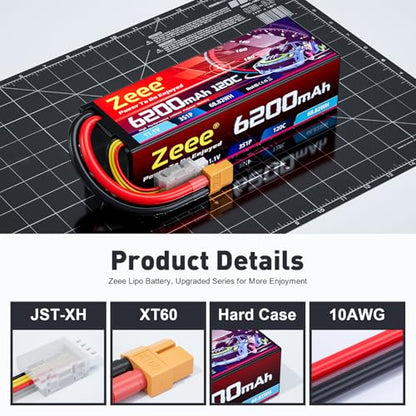 Zeee 3S Lipo Battery 6200mAh 11.1V 120C Hard Case RC Battery with XT60 Connector for 1/8 1/10 Scale Vehicles RC Car Tank Trucks Racing Models(2 Pack)