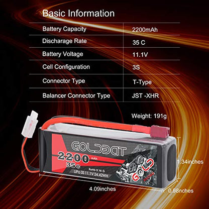 GOLDBAT 3S 2200mAh 11.1V 50C LiPo RC Battery with T Plug for RC Evader BX Car RC Truck RC Truggy RC Heli Airplane Drone