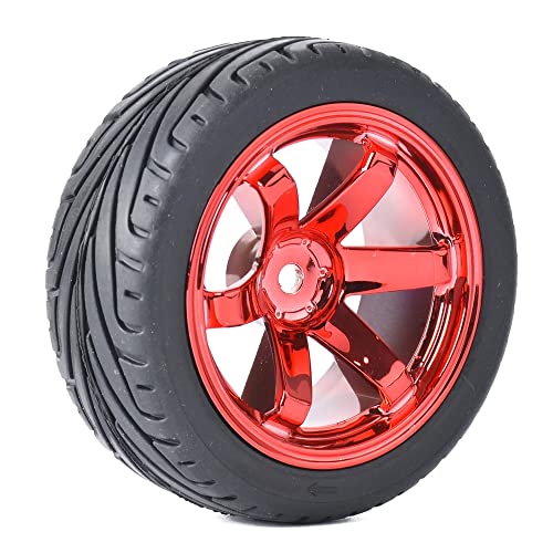 4PCS RC Car Rubber Tires and Plastic Wheels Rims Compatible with 1/10 Scale On Road Touring Racing Flat Drift Car for HSP HPI Tamiya (Red) - color: Red