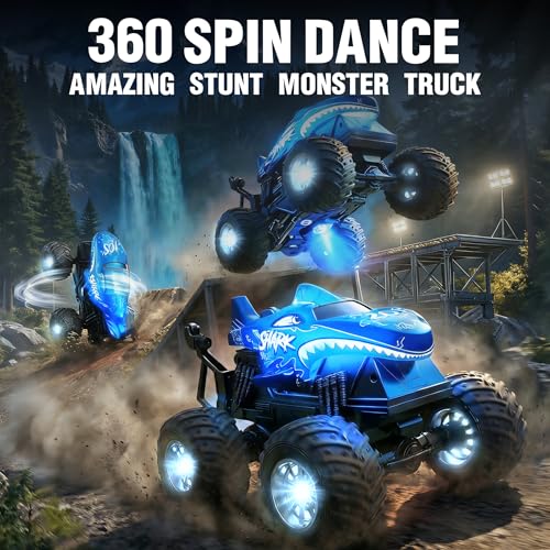 BEZGAR 1:20 Monster Truck Toys, 360°Stunt RC Cars with Music and Light | Blue Dinosaur Toys with 2 Batteries and Wireless LED Strobe Lights, Remote Control Car with Glowing wheels for boys - color: Blue