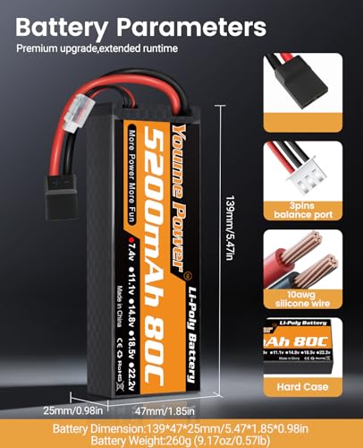 Youme 2S Lipo Battery 7.4V 5200mAh 80C Hardcase Tr for RC Truck Boat 2pcs | 7.4V RC Lipo Batteries 5200mAh 80C Hard Case for Most 1/8 1/10 RC Car/Vehicle/Truck/Buggy Boat Drone Models