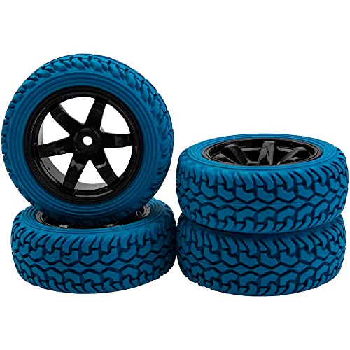 75mm/2.95'' Rubber Tires & Plastic Wheel Rims 12mm Hex Hub Compatible with Traxxas 4tec 2.0 HSP Tamiya HPI Kyosho 1/10 On-Road Touring Car, WLtoys 1/14 144001 RC Buggy (Blue) - color: Blue