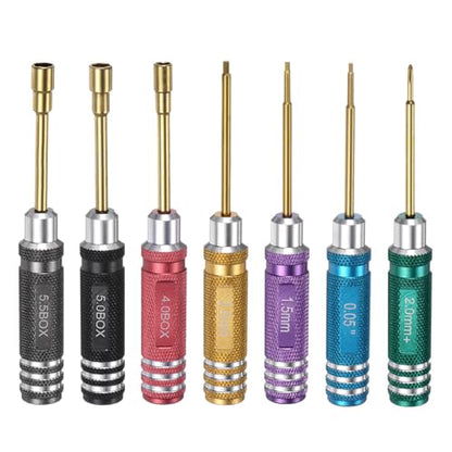 HARFINGTON 7pcs RC Tool Kit Set Hex Driver 0.05" 1.5mm 2.0mm Nut Socket | 4.0mm, 5.0mm, 5.5mm, Phillips, Titanium, RC Driver Repair Tool, for RC Models Car Helicopter Boat