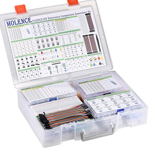 5162pcs DIY Electronics Components Kit Assortment | Resistor, Inductor, Capacitor, LED, Triode, ICS, Diodes, PCB, Potentiometer, Pin Header, Jumper Wire, Terminals, Tactswitch