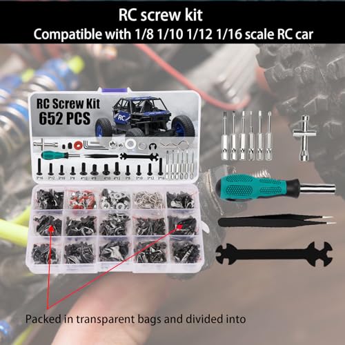 RC Car Repair Work Stand 652 PCS Screw Kit RC Repair Kit Universal RC Screw Set for Arrma Redcat Traxxas Axial HPI Losi 1/8 1/10 1/12 1/16 Scale RC Cars Trucks Crawler - style: Black RC Kit
