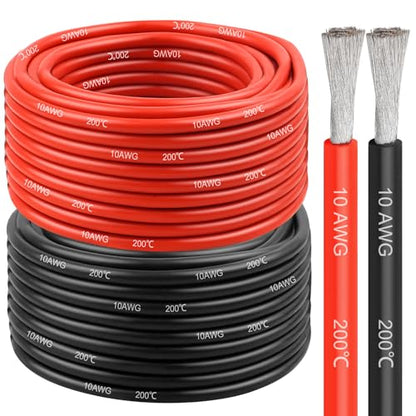 10 Gauge Silicone Wire (2 PCS) 10 FT Red + 10 FT Black Tinned Copper Core, Flexible 10 AWG High Temp Wire for Battery, Automotive, Solar, RC Car, Drones etc. - size: 10 AWG 10FT