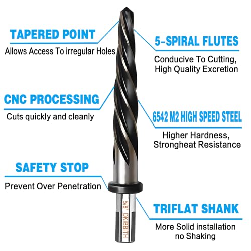 5/8” Bridge Construction Reamer Drill Bit, M2 HSS Taper Chucking Reamer for Steel Alloy Metal Wood Plastic, 1/2" Non-Slip Shank, 5-Spiral Flutes Car Reamer, to Align or Enlarge Holes, 16mm - size: 5/8”