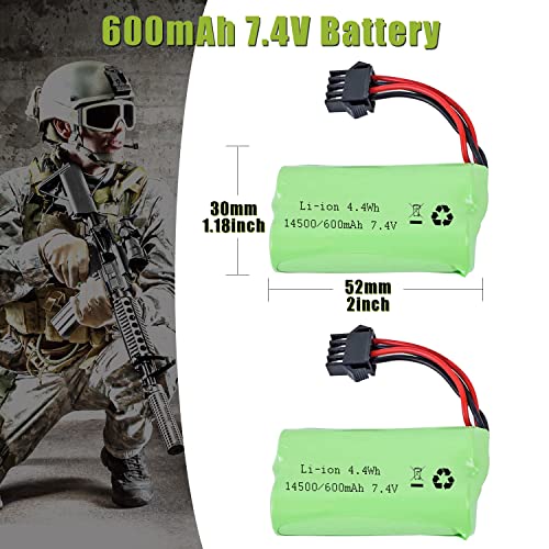 7.4V Li-ion Battery 600mAh 2S Rechargeable with SM-4P Plug and USB Battery Charger Fit for Most Water Ball Blaster RC Car Trucks Battery 2PACK