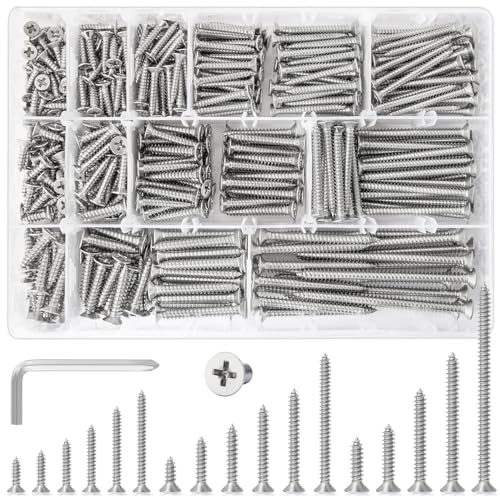 540Pcs #6#8#10 Self Tapping Screws Wood Screws Assortment Kit Phillips Tips Flat Head Drywall Screws, 17 Sizes Set Screw Assortment Kit, 304 Stainless Steel, Length 1/2" to 3", Silver - size: G. #6- #10