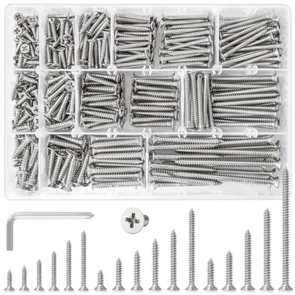 540Pcs #6#8#10 Self Tapping Screws Wood Screws Assortment Kit Phillips Tips Flat Head Drywall Screws, 17 Sizes Set Screw Assortment Kit, 304 Stainless Steel, Length 1/2" to 3", Silver - size: G. #6- #10