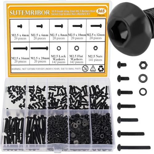565 Pieces M2.5 Screws Nuts Washers Set Black, Sutemribor M2.5 x 4/6/8/10/12/16/20mm Button Head Socket Cap Screws Nuts Washers Assortment Kit, 10.9 Grade Alloy Steel, Fully Threaded - size: M2.5, style: Button Head Socket Cap
