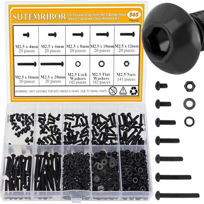 565 Pieces M2.5 Screws Nuts Washers Set Black, Sutemribor M2.5 x 4/6/8/10/12/16/20mm Button Head Socket Cap Screws Nuts Washers Assortment Kit, 10.9 Grade Alloy Steel, Fully Threaded - size: M2.5, style: Button Head Socket Cap