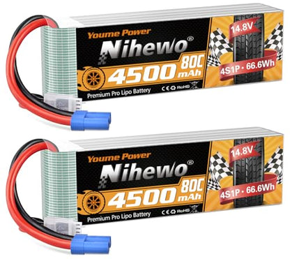 4S Lipo Battery 14.8V 4500mAh 80C EC5 2Packs for RC Car Plane Boat | High discharge Soft Case RC Battery 4500mAh 80C EC5 plug Fit for 1/10 & 1/8 RC cars/trucks, airplanes helicopters boats tanks
