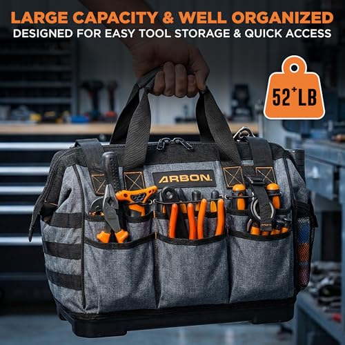 Arbon Electrician Tool Bag, Heavy Duty Tool Organizer, 34 Pockets, 52+ lb | Large storage for men, 5-layer reinforced walls, metal frame, hard molded base, water resistant polyester PP plastic, gray