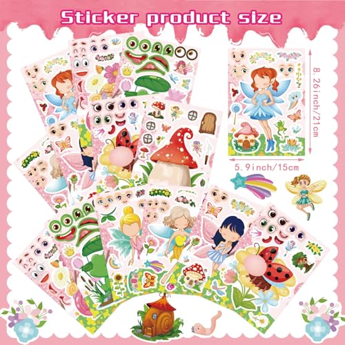 24 PCS Fairy Stickers for Kids, Make a Face Sticker, Make Your Own Stickers | with 8 Unique Designs Fairy, Frog, Mushroom, Birthday Party Favors for Girls , Goodie Bags, DIY Crafts - style: Fairy