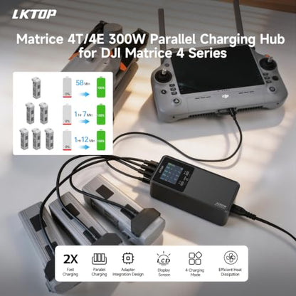 LKTOP Matrice 4T/4E 300W Parallel Charging Hub for DJI Matrice 4 Series | Fast Multi Battery Charging Station, Charges 3 Batteries in 72min, 1.5" LCD, 4 Smart Modes, 100W USB-C PD, Drone Accessory
