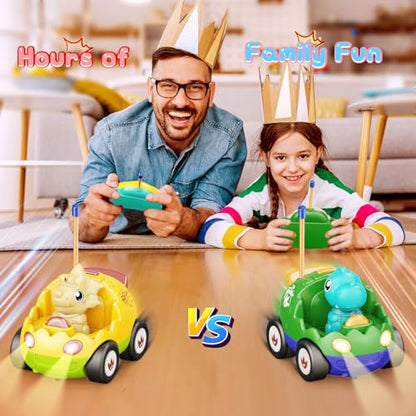 Kidz do 2 Pack Dinosaur Remote Control Cars for Toddlers 2 3 4 5 Years Old - Easter Birthday Gift Ideas for Boys Ages 2-5, Kids Dino Toys RC Vehicle with Lights and Music for Family Fun(Yellow Green) - color: Green&yellow