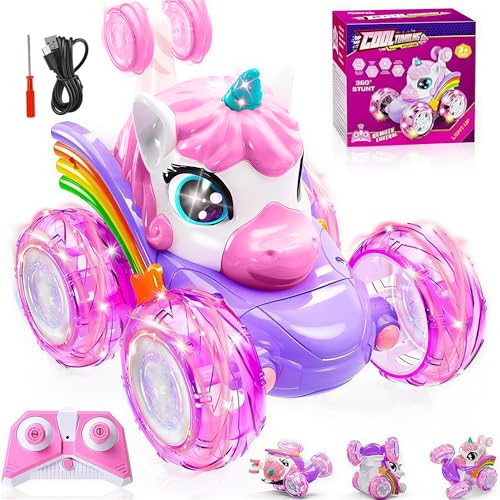 Unicorn Remote Control Car for Girls, Rechargeable 360° Rotating Stunt RC Car with LED Lights,4WD Double-Sided Spinning Vehicle Fun Indoor Outdoor Toys,Birthday for 3 4 5 6 Year Old Kid - color: Unicorn