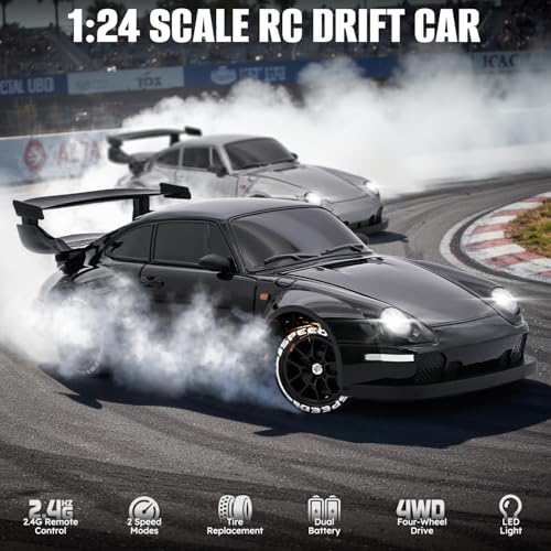 RC Drift Car,1:24 Scale Remote Control Car, 2.4GHz 20KM/H 4WD High Speed RC Cars for Kids with LED Light, Two Batteries,Drifting Tires,Racing Vehicle Toy for Adults Boys Girls Black - color: Black