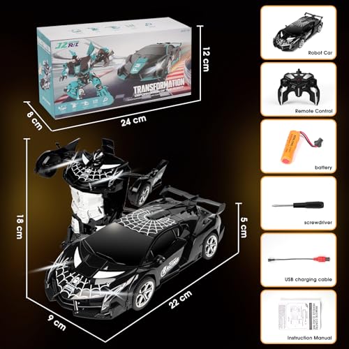 Rechargeable Transform Remote Control Spider Car, Black Transforming RC Robot Toy 1:18, One-Key Deformation, 360° Drifting Vehicle for Kids Ages 3-7