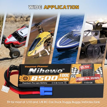3S Lipo Battery EC5 8500mAh 11.1V 100C Hard Case for RC Truck 2Packs | 3S Lipo Battery 11.1V 8500mAh High Capacity,Hard Case Protection, EC5 Connector, Fit for 1/8 1/10 RC vehicle boat drone 2pcs - style: 2x 11.1V 8500mAh