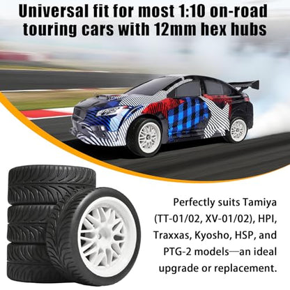 OD 2.55" On Road Rubber Tires Nylon Wheels- 12mm Hex for 1/10 RC Racing Car | Compatible with MJX HSP Tamiya HPI Kyosho Traxxas Sakura Redcat WLtoys 1/10 RC On-Road Racing Touring Car (4pcs, White) - style: E-White