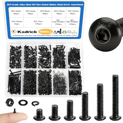 KADRICK 1000PCS M2 Screw Kit,Hex Socket Button Head Bolts 4mm-20mm | M2 Screws with Nuts Flat/Lock Washers,Class 10.9 Alloy Steel,Black Oxide Finish - size: M2 1000Pcs 4-20mm
