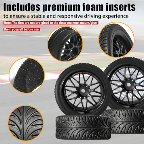 OD 2.55" On Road Rubber Tires Nylon Wheels- 12mm Hex for 1/10 RC Racing Car | Compatible with MJX HSP Tamiya HPI Kyosho Traxxas Sakura Redcat WLtoys 1/10 RC On-Road Racing Touring Car (4pcs, Black) - style: E-Black