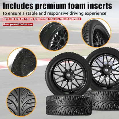 OD 2.55" On Road Rubber Tires Nylon Wheels- 12mm Hex for 1/10 RC Racing Car | Compatible with MJX HSP Tamiya HPI Kyosho Traxxas Sakura Redcat WLtoys 1/10 RC On-Road Racing Touring Car (4pcs, Black) - style: E-Black