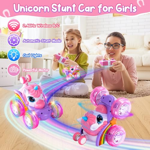 Remote Control Car Unicorn for Girls 360° Rotating 4WD Stunt RC Cars with Cute Cool LED Lights, 2.4GHz Toy Car USB Direct Charging RC Cars Birthday Gifts for Kids Girl Age 3-6 7-9 (Small) - style: Small