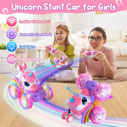 Remote Control Car Unicorn for Girls 360° Rotating 4WD Stunt RC Cars with Cute Cool LED Lights, 2.4GHz Toy Car USB Direct Charging RC Cars Birthday Gifts for Kids Girl Age 3-6 7-9 (Small) - style: Small