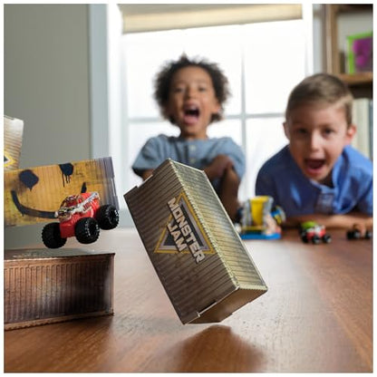Monster Jam Mini Jams Earthshaker Boneyard Blaster Mega Frenzy Playset | 10 Mini Toy Trucks, Grave Digger, Blue Thunder & More, Hit Targets & Obstacle Courses, Pretend Play Gifts for Kids Ages 3+ - style: Mini Jams 10-Pack Playset