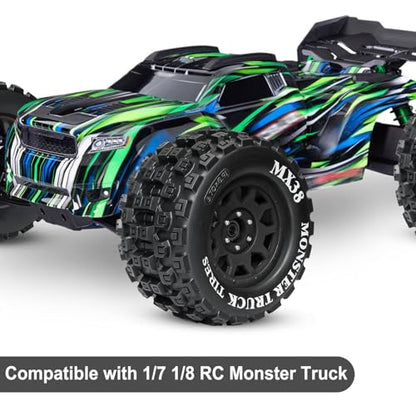 LRFHL MX38 F/R 3.8" RC Tires and Wheels with 17mm Hex Adapter, 4PCS, Black | 1/7 1/8 RC Monster Truck Tires, for Arrma Notorious Outcast Kraton 6S Traxxas E-Revo RC Car Upgrade - color: Black Tires+ Black Wheels