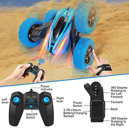Remote Control Car RC Stunt Car Watch Gesture Sensor Car 4WD Double Sided 360 Degree Rotating Tumbling Rechargeable Car High Speed 2.4GHZ Off Road Hobby RC Toy Cars for Xmas Birthday Gift Adults,Kids - style: Blue