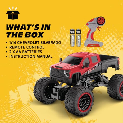 RC 4WD Heavy Metal Chevrolet Silverado Truck – 1:14 Scale Remote Control Car, Stamped Metal Body, 2.4GHz Full-Function Radio Control, USB Rechargeable, Ready to Run, Red