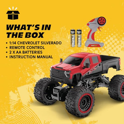 RC 4WD Heavy Metal Chevrolet Silverado Truck – 1:14 Scale Remote Control Car, Stamped Metal Body, 2.4GHz Full-Function Radio Control, USB Rechargeable, Ready to Run, Red