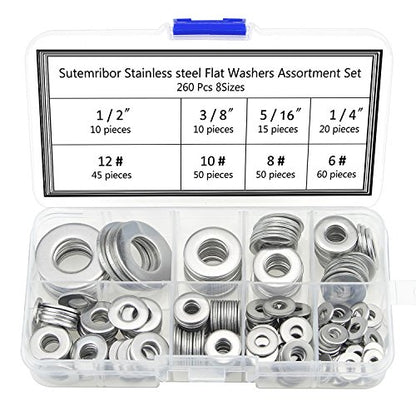 260 Pieces 8 Sizes Stainless Steel Flat Washers, 1/2 3/8 5/16 1/4 12# 10# 8# 6# Hardware Gasket Assortment Kit - size: Stainless Washers Kit (260 Pieces)