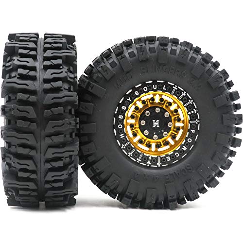 2PCS 2.2 Beadlock Wheels and Tires 124mm Tall Soft Sticky Mud Slingers tyre & Aluminium Rims for 1/10 RC Crawler Truck TRX4 SCX10 Capra Wraith Upgrades,HS700627-2