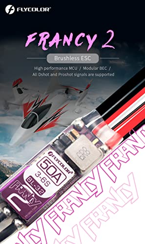 FLYCOLOR Francy2 50A Brushless ESC Speed Controller Support 3-6S BEC 5V/3A BL32 Dshot with XT60 & 3.5mm Bullet Plugs for RC Airplane P5B Sailplane