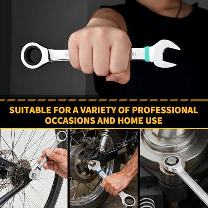 GRENPRO 23PC Ratcheting Combination Wrench Set SAE Metric Mechanic Tools | 1/4"-3/4"&6-18MM with Bolt Gauge, CR-V Steel 72-Tooth 5-Degree Swing 12Pt, Color Rings, Roll Pouch for Auto & Home Repair - style: 23PCS Ratcheting Wrench Set Metric&SAE With Color