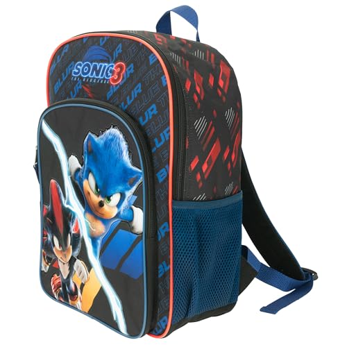 AI ACCESSORY INNOVATIONS Sonic The Hedgehog 3 Movie Backpack for Boys & Girls, Bookbag featuring Sonic & Shadow, Schoolbag with Adjustable Shoulder Straps & Padded Back,16 Inch - color: Black/Blue
