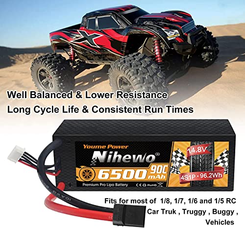 Niehwo 4S Lipo Battery 14.8V 6500mAh 90C Hard Case EC5 2Pcs for RC Car Boat | 2Packs 4S Battery 14.8V 6500mAh Hard Case Tx Plug for 1/5 1/6 1/7 1/8 RC Car Truck Vehicle High Discharge Rate Long Run Time - style: 14.8V 6500mAh