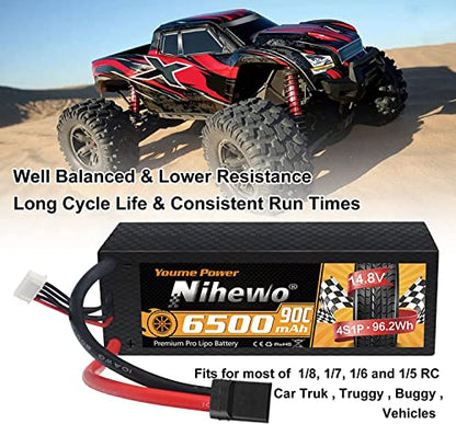 Niehwo 4S Lipo Battery 14.8V 6500mAh 90C Hard Case EC5 2Pcs for RC Car Boat | 2Packs 4S Battery 14.8V 6500mAh Hard Case Tx Plug for 1/5 1/6 1/7 1/8 RC Car Truck Vehicle High Discharge Rate Long Run Time - style: 14.8V 6500mAh