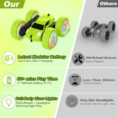 Remote Control Car, Stunt RC Cars, 2.4GHz Double Sided 360° Flips RC Crawler, Outdoor Toys for Kids Ages 4-8, Upgraded USB-C Modular Battery, 5 6 7 8 9 10 +Year Old Boys Birthday Gifts Green - color: 1-green