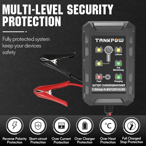 6V/12V 1.5A Automatic Battery Charger,Smart Battery Charger with Overcharge Protection,Trickle Charger Maintainer for Cars,Motorcycle,Lead-Acid&Lithium(LiFePO4) Deep Cycle Batteries