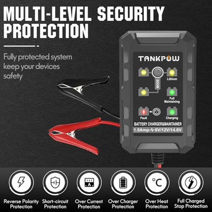 6V/12V 1.5A Automatic Battery Charger,Smart Battery Charger with Overcharge Protection,Trickle Charger Maintainer for Cars,Motorcycle,Lead-Acid&Lithium(LiFePO4) Deep Cycle Batteries